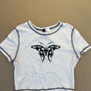 White Crop Top with Black Butterfly Design